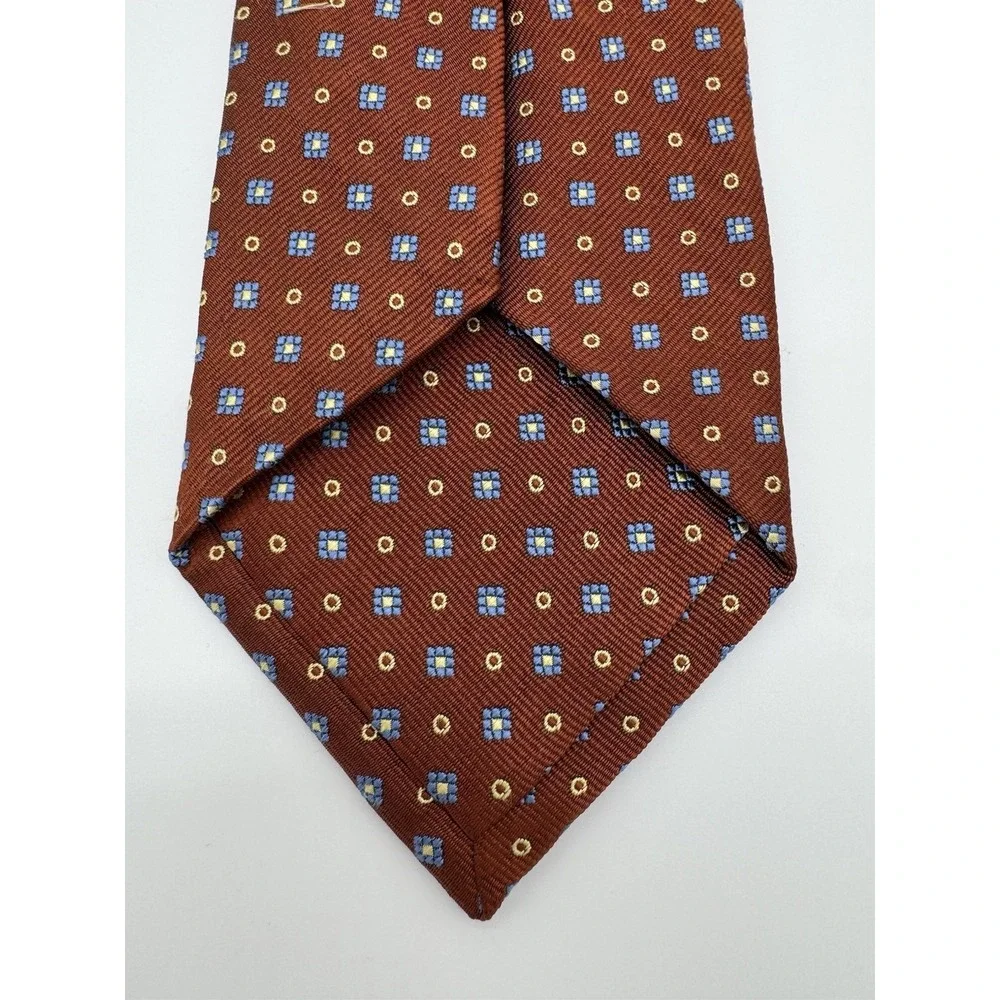 Barneys‎ New York Silk Tie Red Geometric Pattern Blue Gold Squares Made in Italy